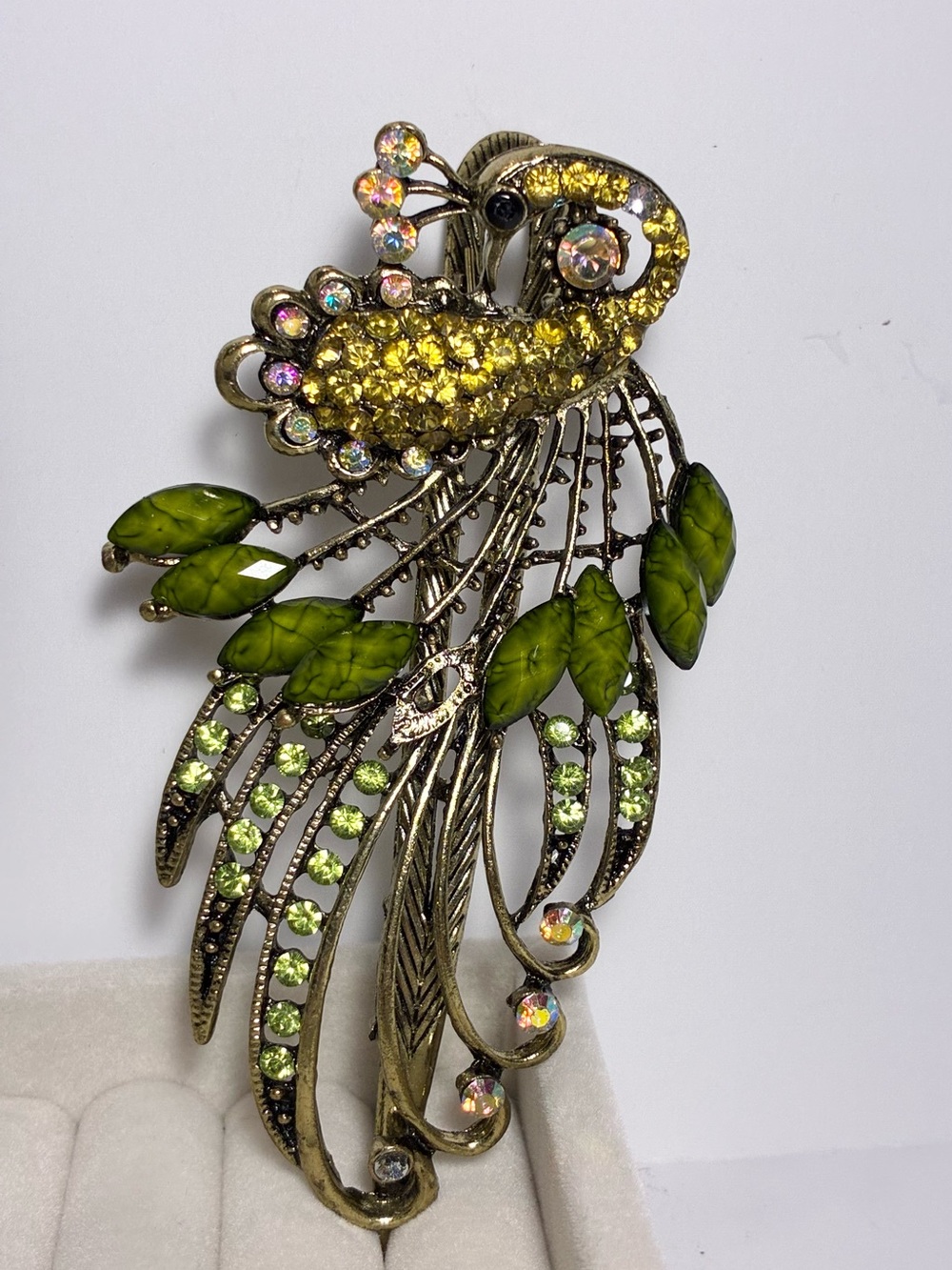 Peacock Rhinestone Gold Tone Hair Clip Barrette Green Yellow Statement 4.5”